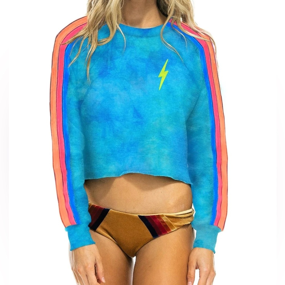 Aviator Nation Blue Tie-Dye Sweatshirt with Rainbow Stripes